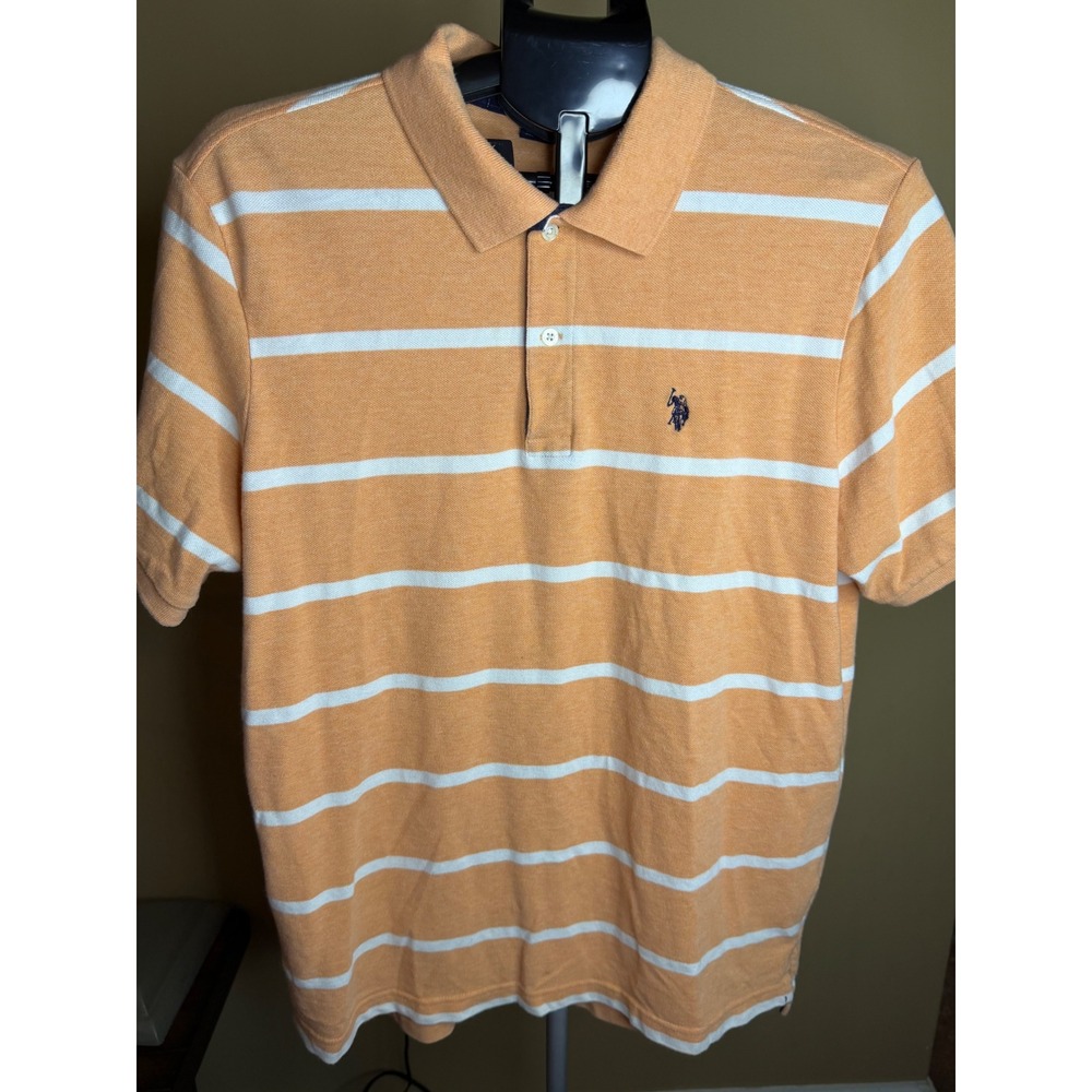 US Polo Assn Mens Orange White Striped Short Sleeve Polo Shirt Large - Picture 5 of 8